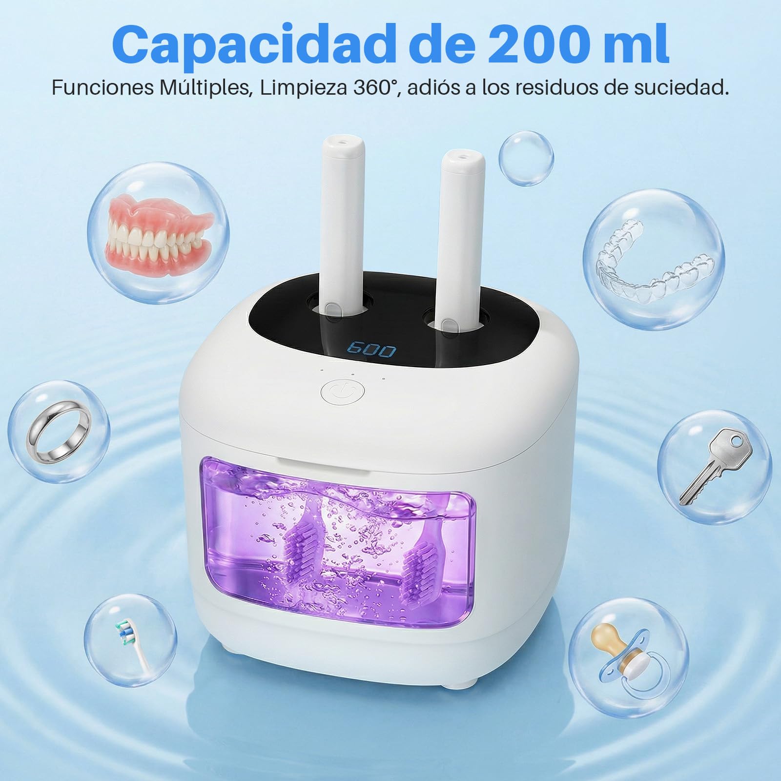 Limpiador Ultrasonidos Dental, 47KHz Limpiador Ferula Dental, 200ml Limpiador Retenedor Dental, Dental Pod Cleaner para dentaduras postizas, alineadores, aparatos ortopédicos, joyas