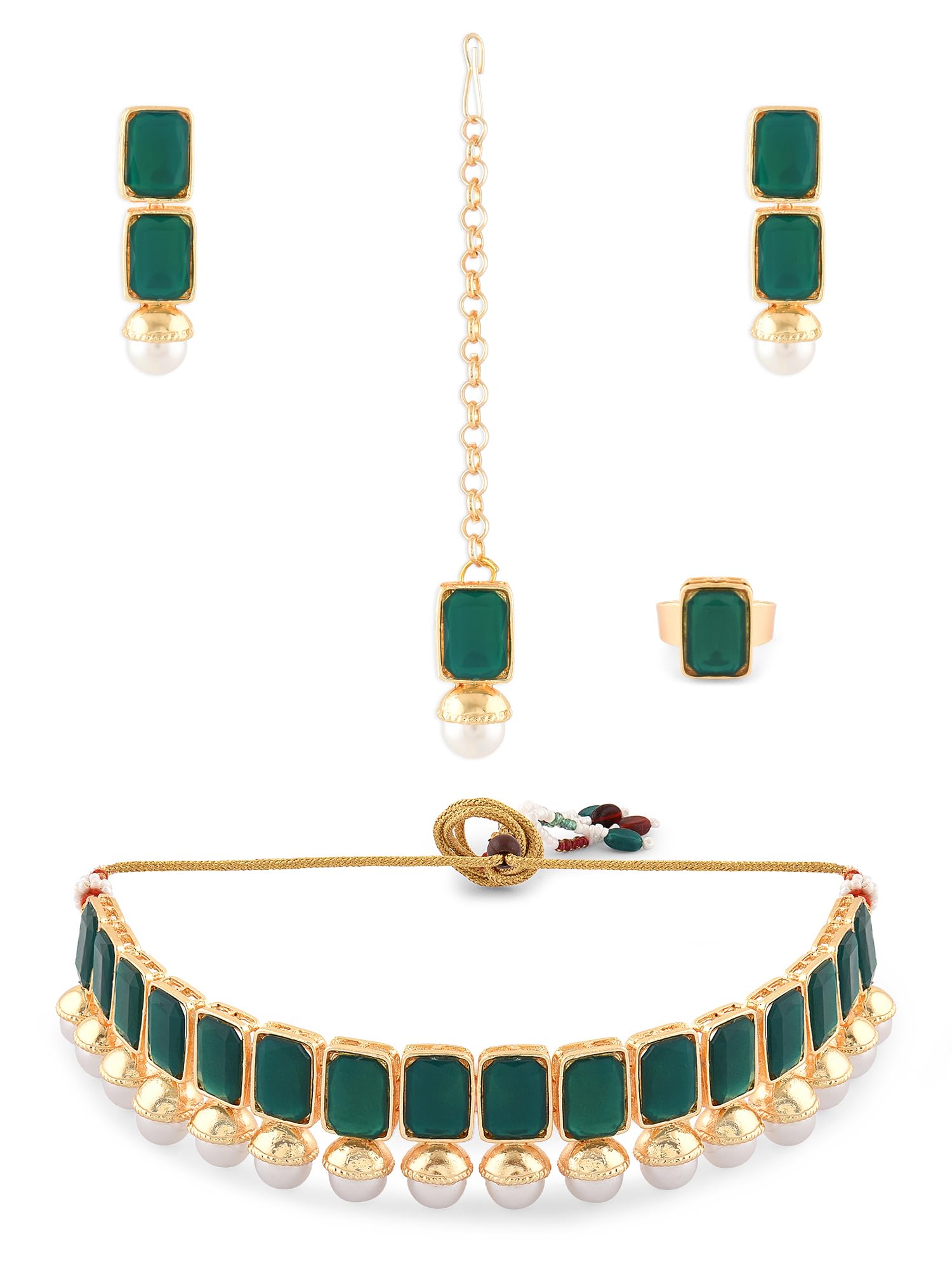ZAVERI PEARLS Green Stones Embellished Necklace Choker Earring Maangtikka & Ring Set For Women-ZPFK15923 (B0C4TZ4T9V) Amazon Price History, Amazon Price Tracker