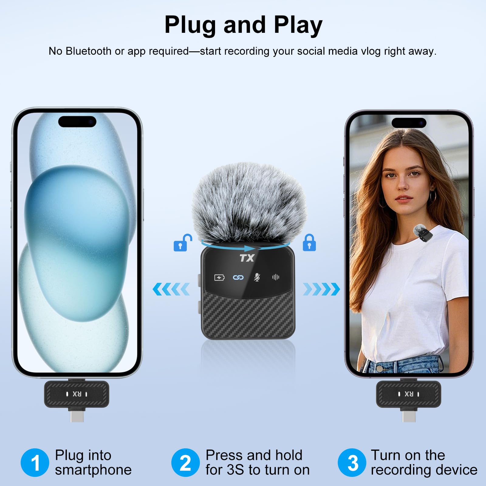 Mini Mic Lavalier Mikrofon für iPhone/iPad/Android,Mini Mikrofon Plug-Play Professionelles Rauschunterdrückung, 25h Nutzdauer,Lavalier Wireless Microphone für Videos, Vlog, YouTube, TikTok,Live-Stream