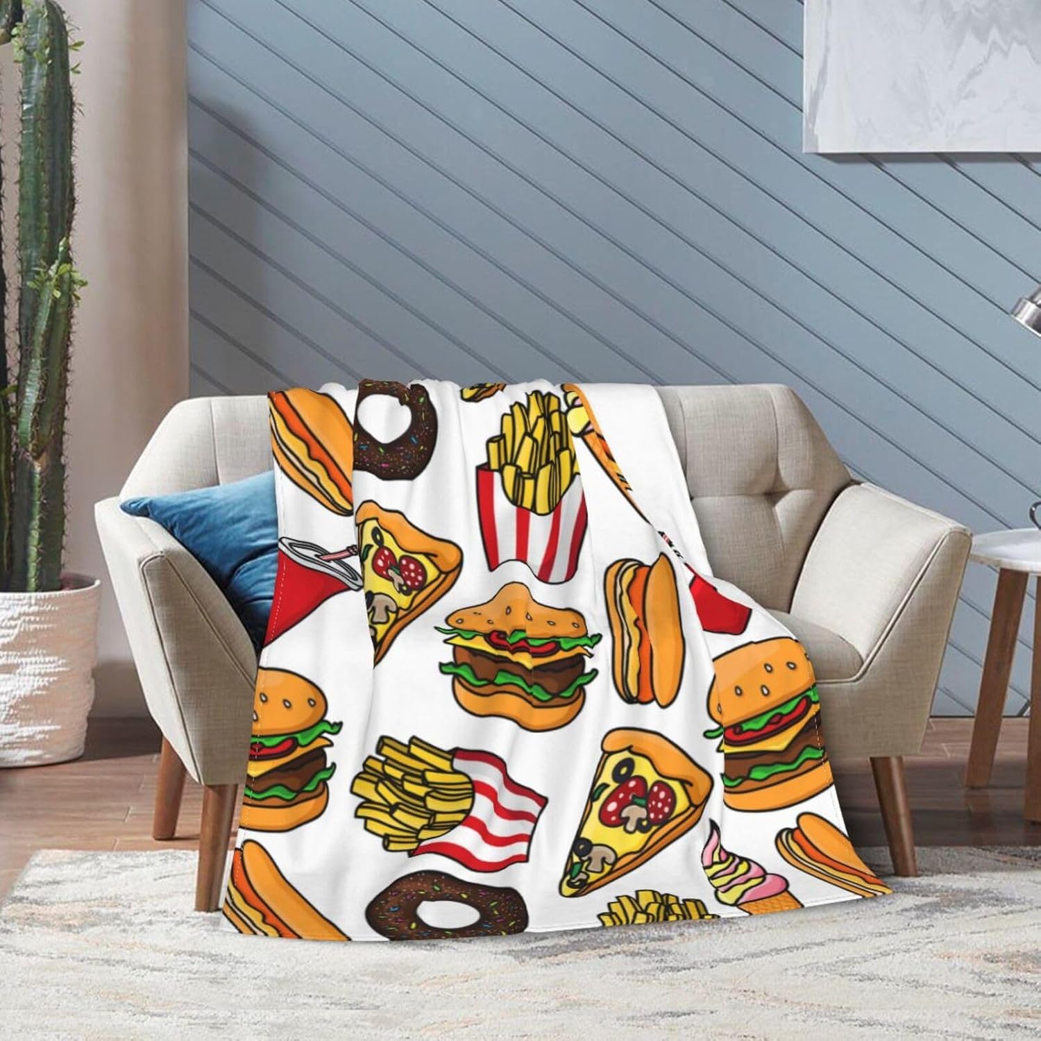 Fun Food Drinks Hamburger Pattern Throw Blanket Super Soft Warm Bed Blankets for Couch Bedroom Sofa Office Car, All Season Cozy Flannel Plush Blanket Gifts for Girls Boys Teens Adults 60"x50"