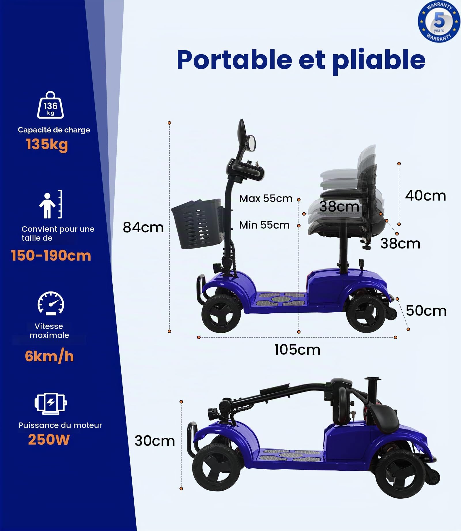 VOCIC D42 Scooter de mobilité Pliable BIS 135KG,20KM Scooter électrique | 4 roues tout terrain avec bâche et panier,Scooter de mobilité stable avec pneus increvables, Support 5 ans| Bleu