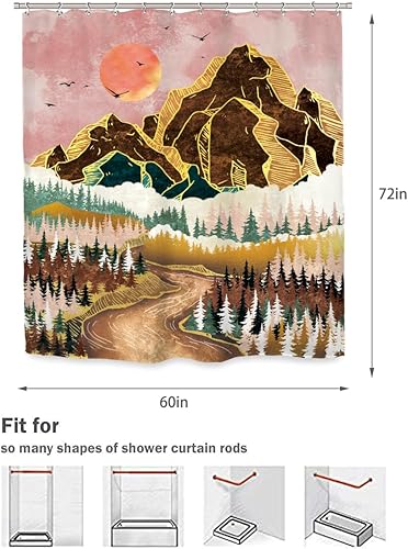 Miniatura 5 de Ufeela Cortina de ducha abstracta de montaña de 60 pulgadas de ancho x 72 pulgadas de alto, estilo bohemio, puesta de sol, paisaje, naturaleza,