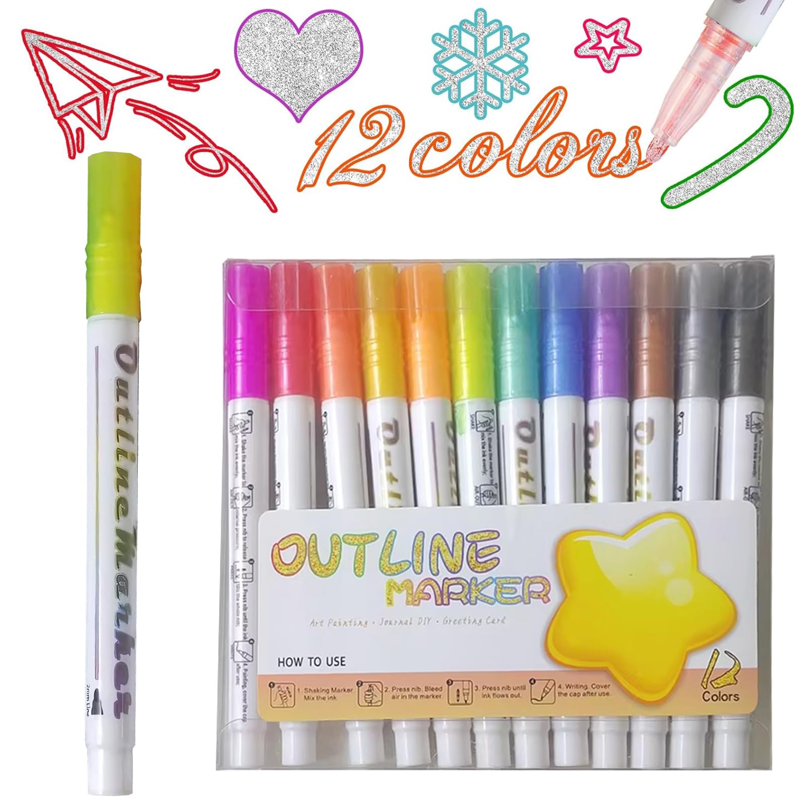 12 Colores Rotuladores Lettering Rotuladores Purpurina Rotuladores MáGicos Rotuladores Punta Pincel MetáLico para Pintar Manualidades Tarjetas de Cumpleaños álbumes de Recortes
