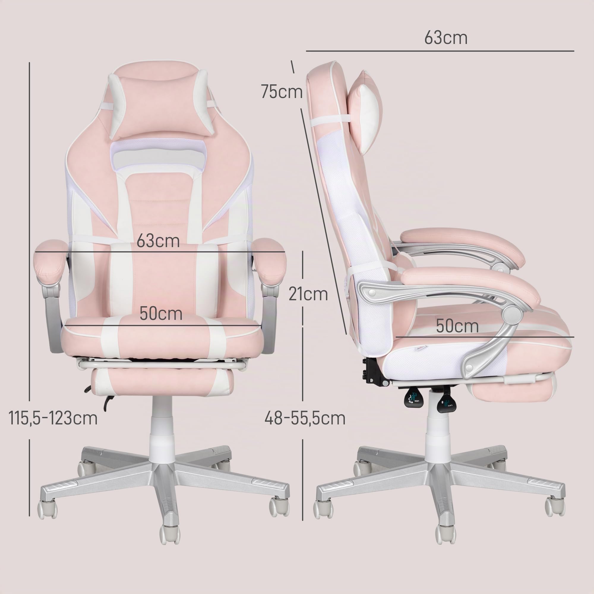HOMCOM Chaise Gaming avec Repose-Pieds, Hauteur Réglable, Appui-Tête, Rose