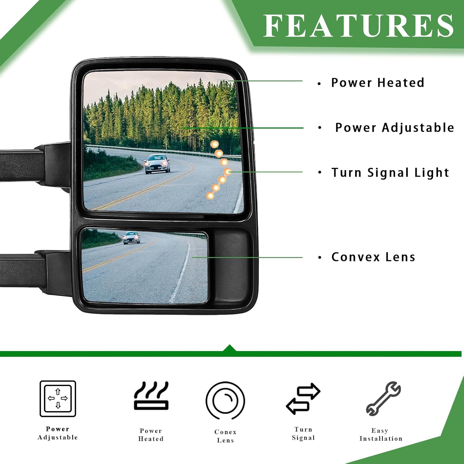 PZ Towing Mirror Left & Right Pair Set For 99-07 F250/F350/F450/F550 Super Duty,01-05 Excursion Power Heated With Arrow Light,Smoke Signal Lamp,Extendable Side Mirrors Driver Passenger