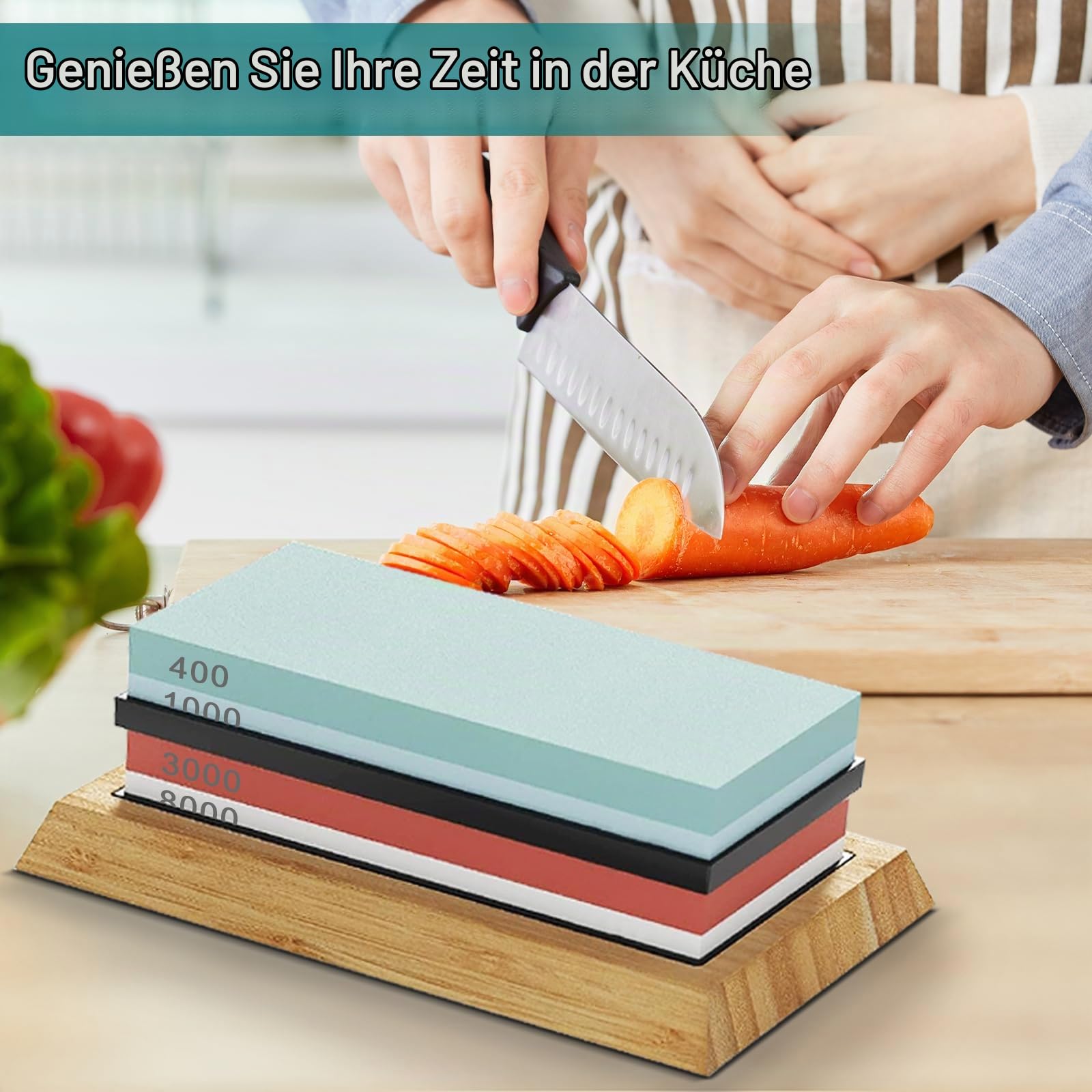 Abziehstein Schleifstein Set für Messer 400/1000/3000/8000, Professionell 12-IN-1 Messerschärfer Wetzstein, mit Rutschfestem Bambusbasis Flachstein Winkelführung