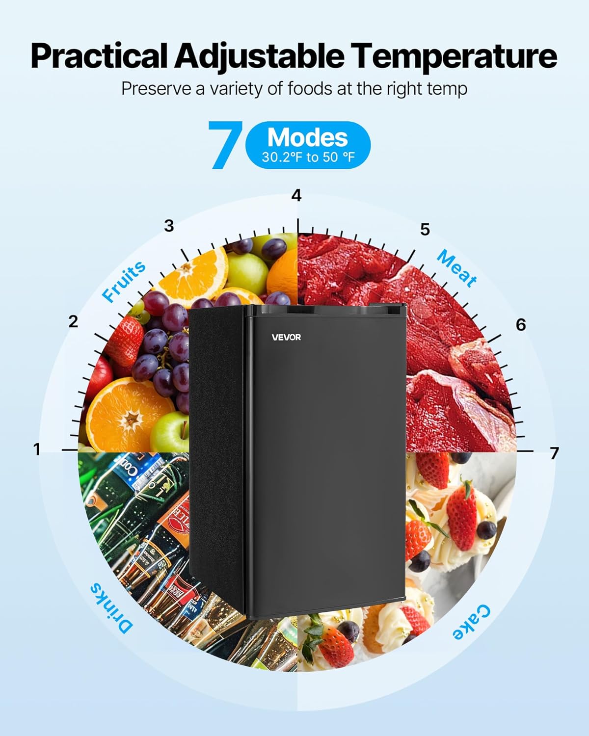 VEVOR 3.2 Cu.Ft Mini Fridge with Freezer, Single Door Compact Refrigerator with Micron Frozen Zone, 7-Mode Adjustable Temp, Energy Efficient Small Dorm Fridge, Reversible Door, Low Noise, Black