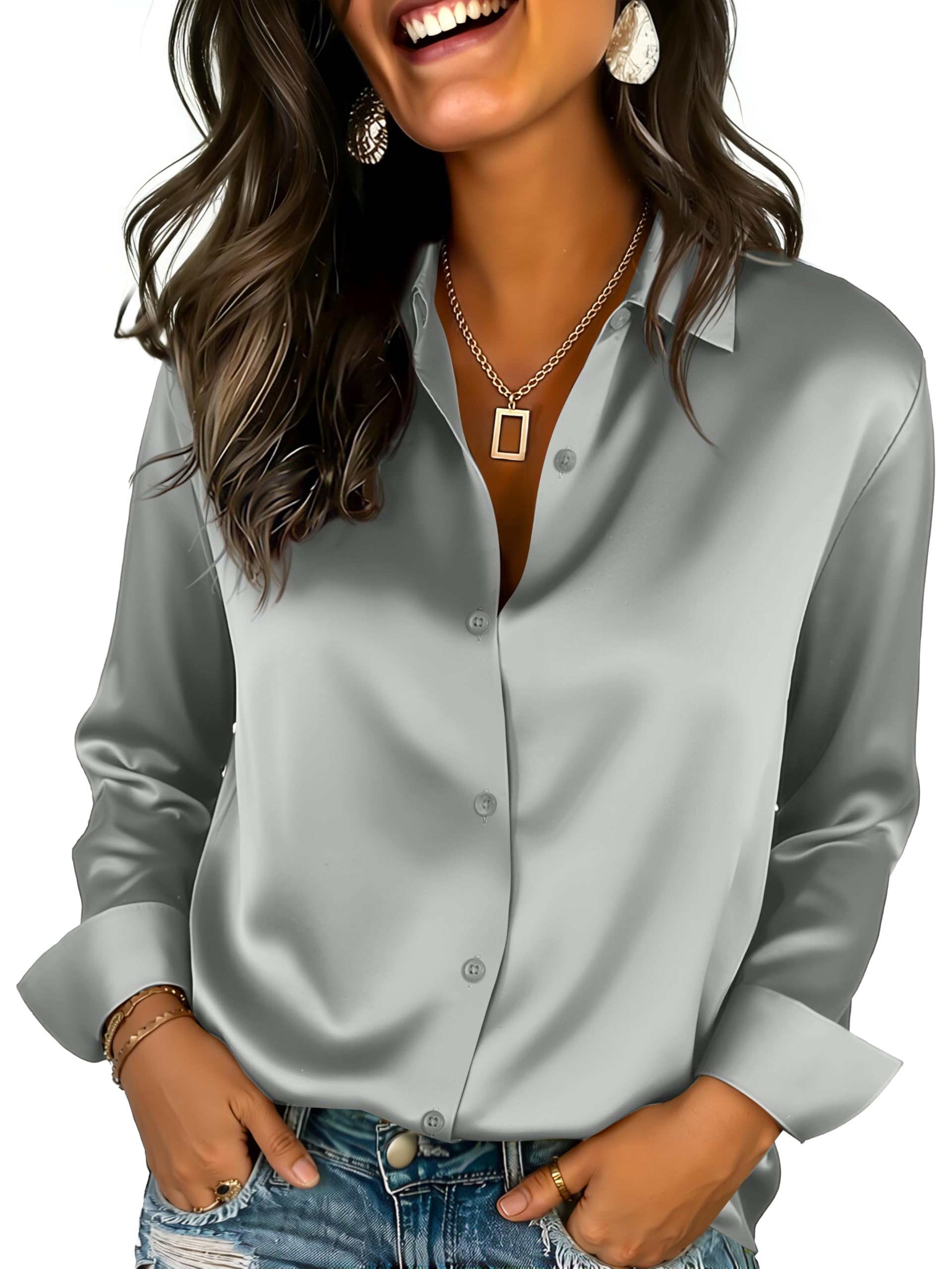 Womens Satin Silk Button Down Shirts Long Sleeve Blouse Casual Work Office Tops
