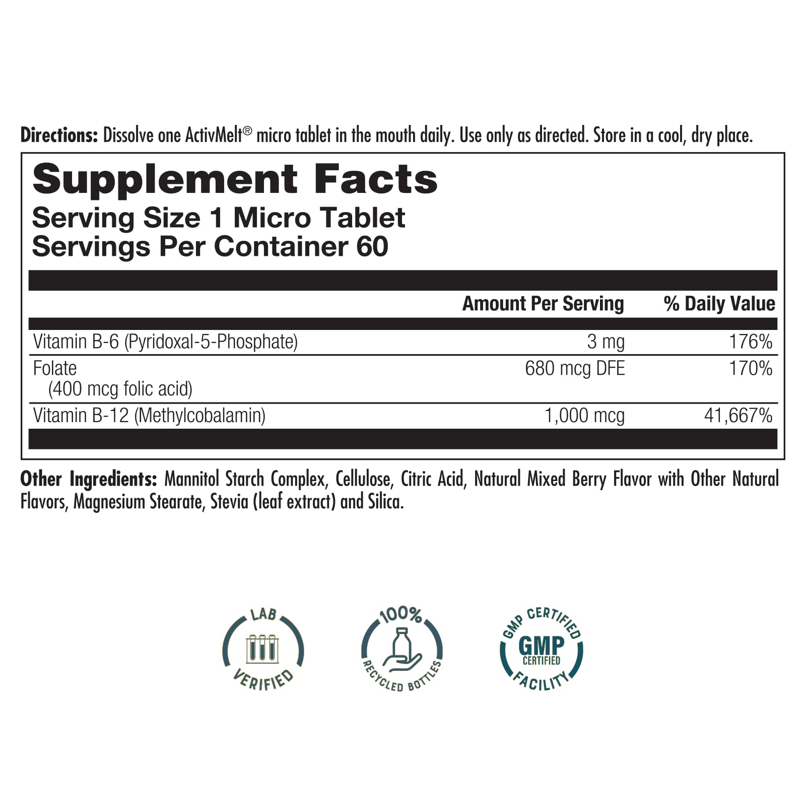 KAL Vitamin B-6, B-12 & Folic Acid Supplement, Heart Health, Energy & Red Blood Cell Support*, with Vitamin B12 Methylcobalamin & Folate, Natural Berry Flavor, 60 Servings, 60 ActivMelt Micro Tablets — Amazon image 2