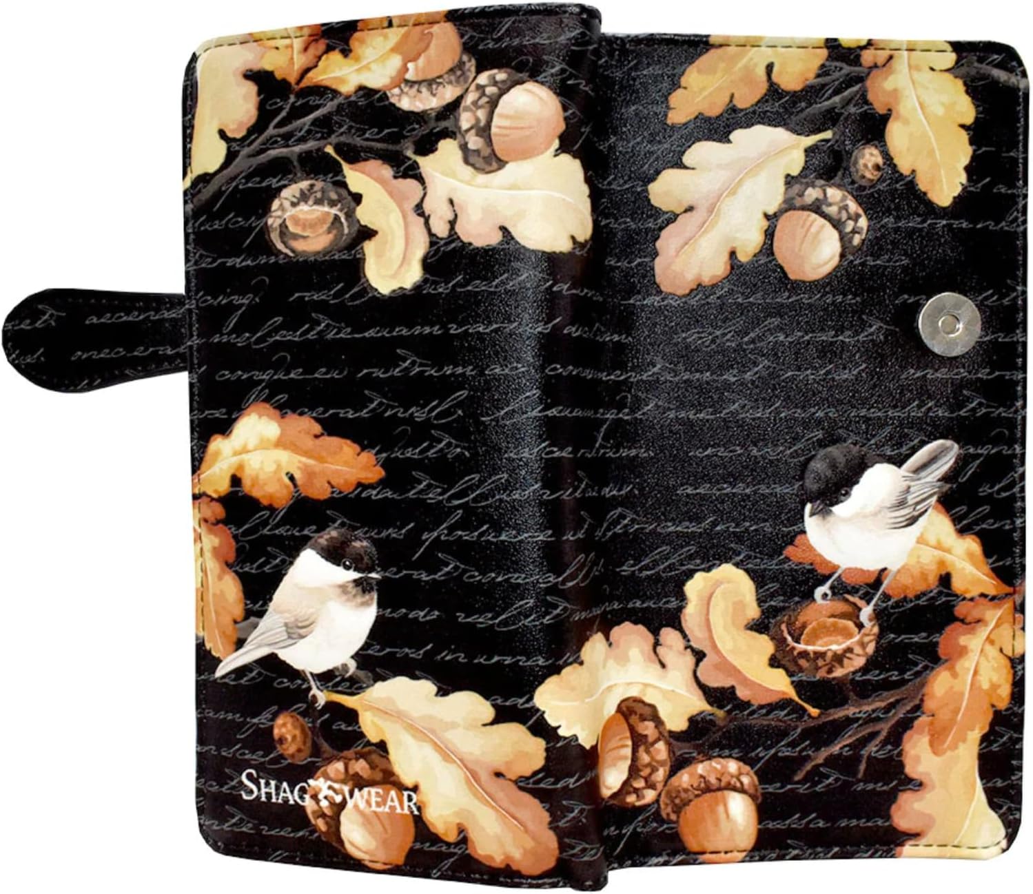 Shag Wear Acorn and Chickadee Large Wallet for Women and Teen Girls Vegan Faux Leather 7" Black