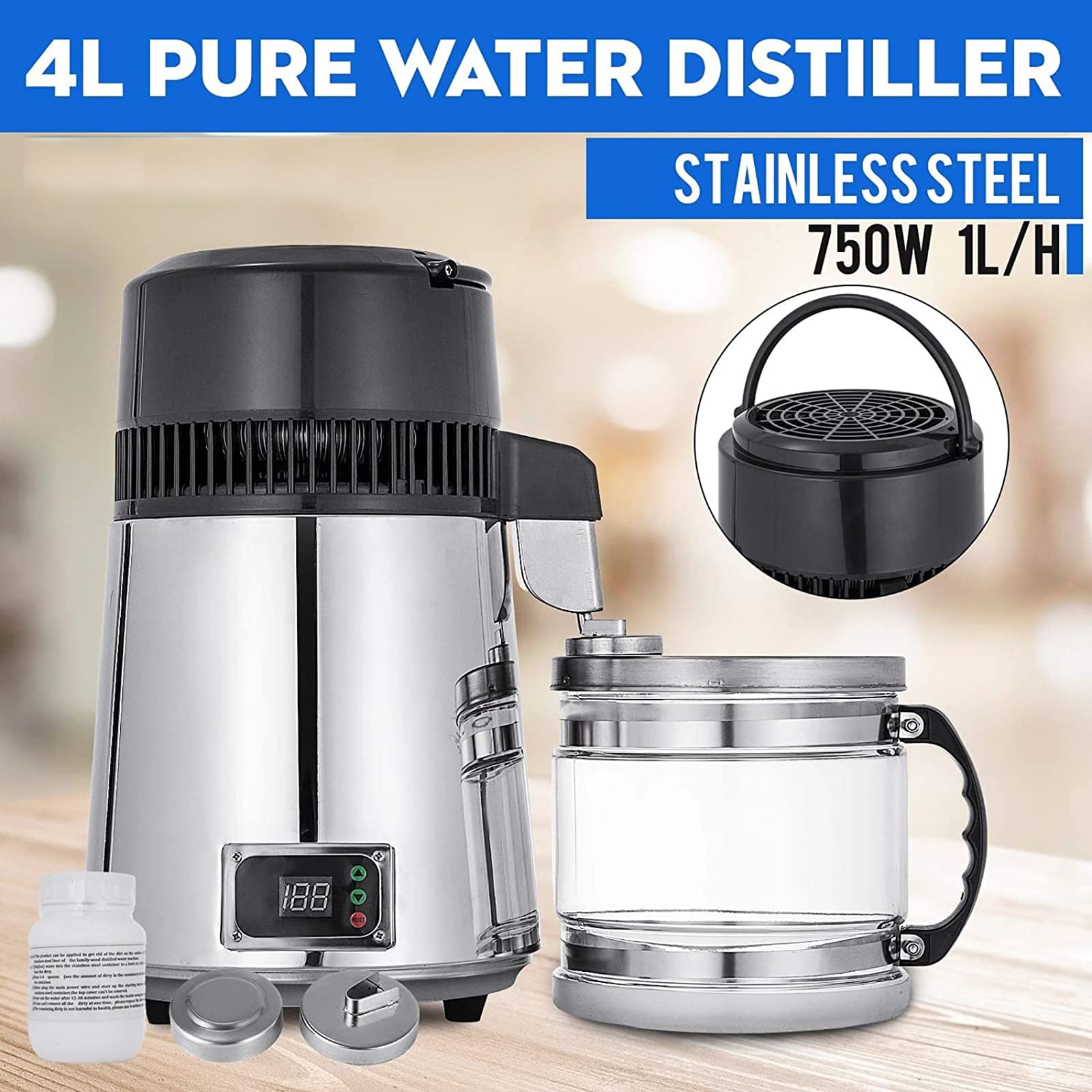 Destilador de Agua, destilador de Acero Inoxidable de 4 l, máquina de Agua destilada de 750 W, Hacer Agua destilada casera para Agua con destilador de Agua Digital de Jarra de