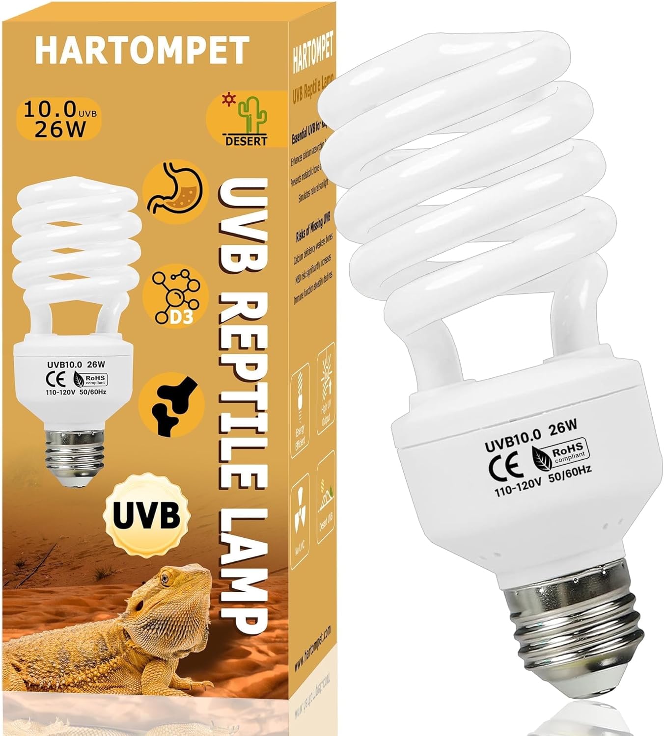 HARTOMPET UVB Reptile Light 26W 10.0, Compact Coil Bulb for Bearded Dragons, Lizards, Snakes, Geckos, Amphibians – Desert Habitat Terrarium Lamp