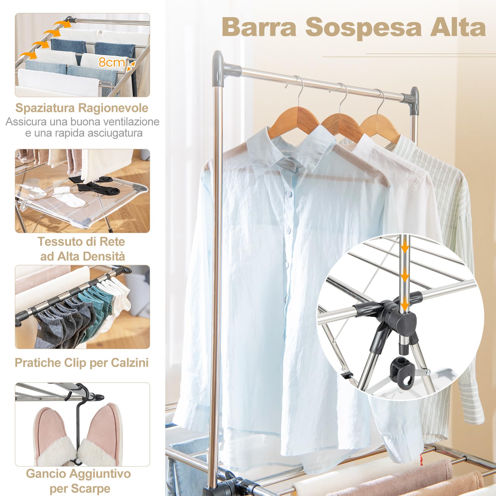 COSTWAY Stendibiancheria da Pavimento Pieghevole, Stendino a 2 Piani con Barra per Appendere, Ala Regolabile in Altezza, Clip per Calzini, Gancio per Scarpe, Stendibiancheria per Interno ed Esterno