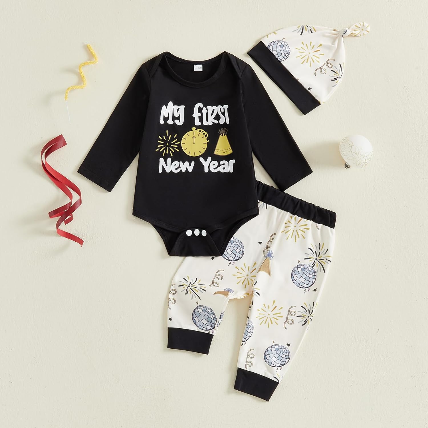 My First New Year Baby Boy Outfit Newborn Letter Print Long Sleeve Romper Top Balloon Pants with Hat 3 Piece Sets - Image 4