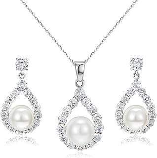 Sponsored Ad - AW BRIDAL Bridal Necklace and Earrings Set Cubic Zirconia Pierced Bridal Earrings for Women Pearl Wedding N...
