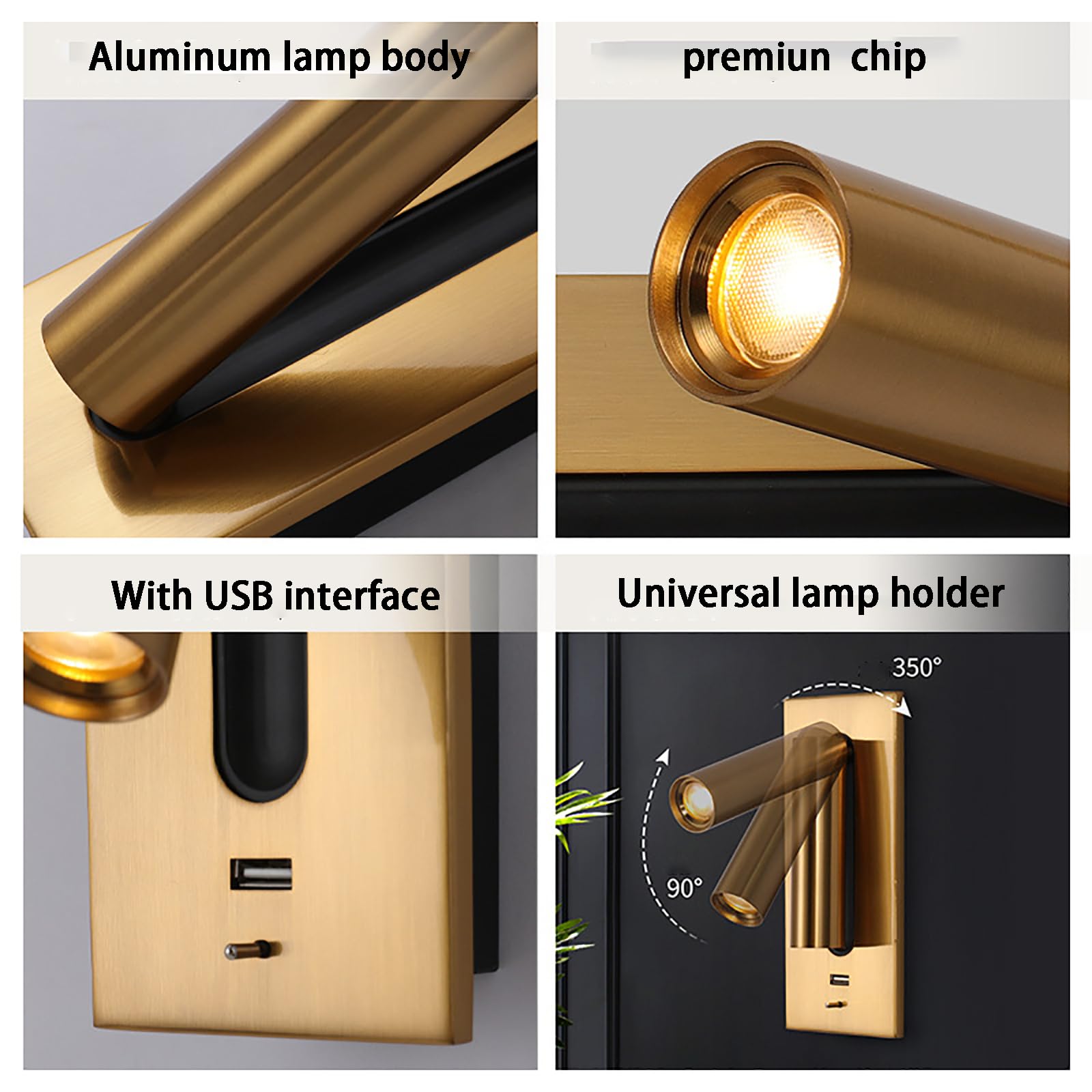 Lampada Parete A LED Lettura sul Comodino - Lampada Lettura Testiera, Luce Notturna Focus, Porta di Ricarica Rapida USB, Testa Girevole, Supporto A Parete (Type C A)