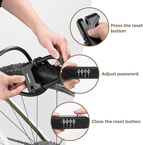 Miniatura 6 de ROCKBROS Candado de bicicleta con bloqueo en U con cable, cerradura de combinación de 4 dígitos, portátil, antirrobo, resistente, para bicicleta,