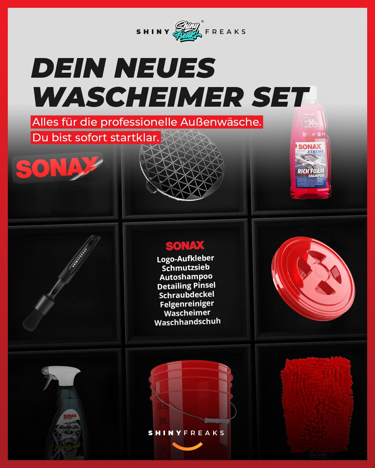 Auto Wascheimer Set 5GAL: Schmutzsieb & Deckel für die Auto Handwäsche + Sonax Rich Foam + Sonax FelgenBeast - schonende Reinigung & Pflege für Lack & Felgen - Auto waschen | 8-teilig