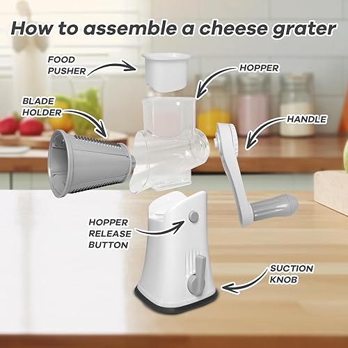 Miniatura 6 de Rallador giratorio de queso con asa, trituradora de queso de manivela de cocina, mandolina y verduras con 5 cuchillas intercambiables, rallador