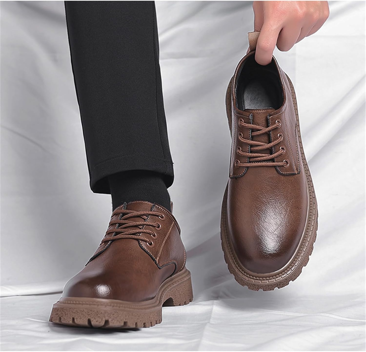 Men's Vintage Leather Lace Up Platform Oxfords Shoes Round Toe Low-Top Non-Slip Soft Business Formal Dress Shoes - Image 7