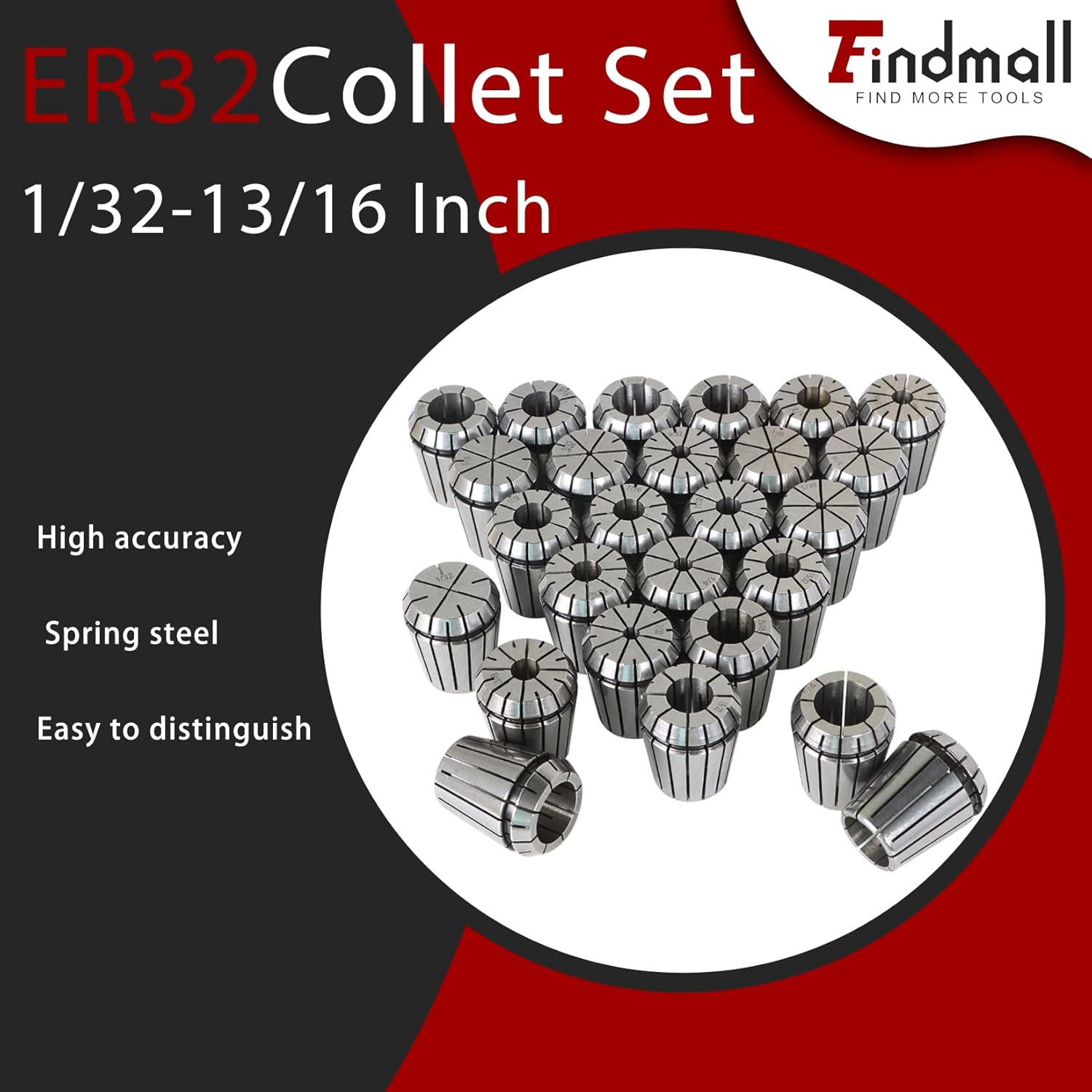 findmall ER32 Collet Set 26Pcs ER32 Collet Chuck Spring Collet Set CNC Engraving Milling Lathe Chuck Tool 1/32-13/16 Inch Fit for CNC Engraving Machine and Milling Lathe Tool
