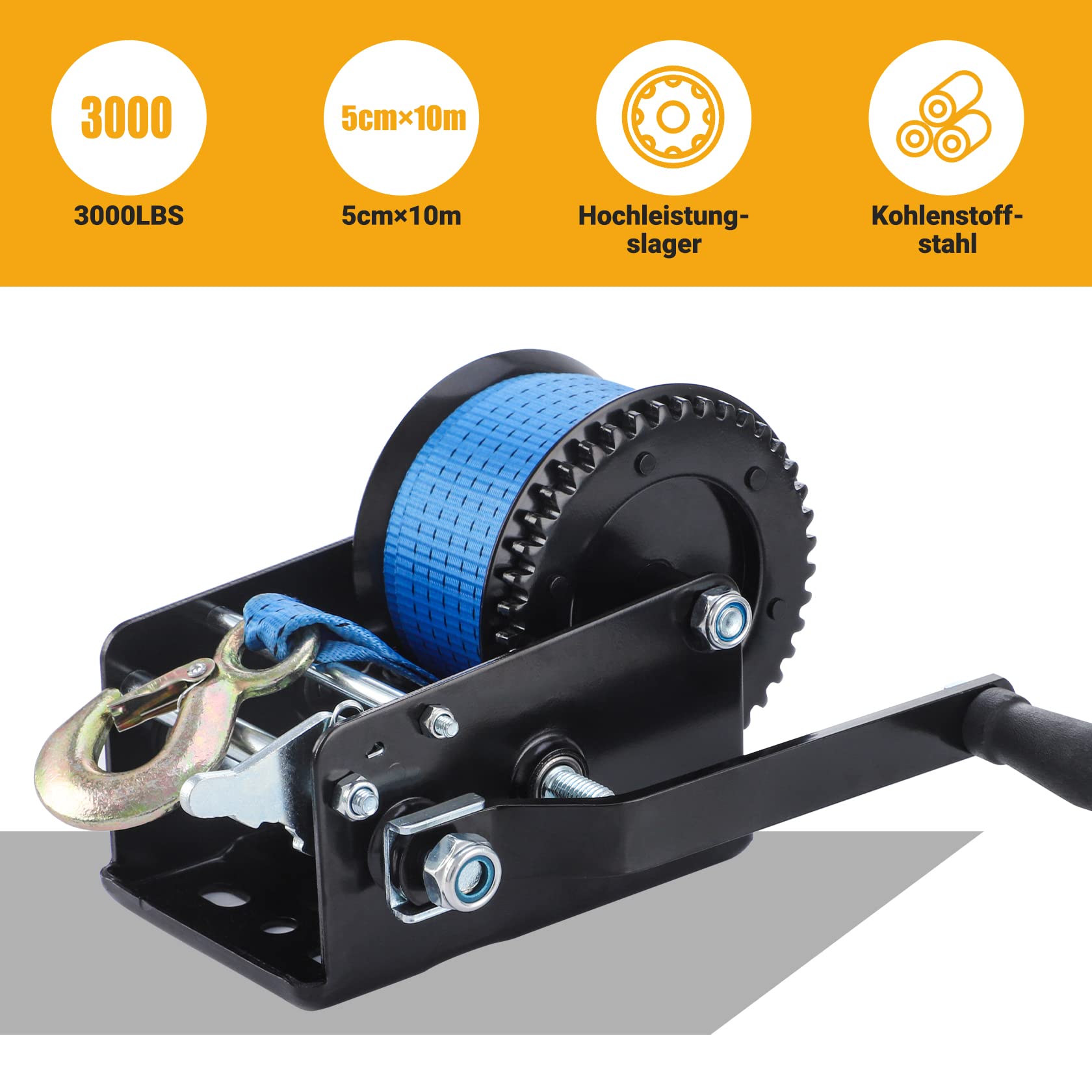 Pindex Hand Gurtwinde Bootstrailer mit 10m Polyester Gurtband, 1365kg, | Manuelle Bootswinde mit Handkurbel, 2 Gang 4:1 8:1, für Trailer, Anhänger Boot, Geländewagen