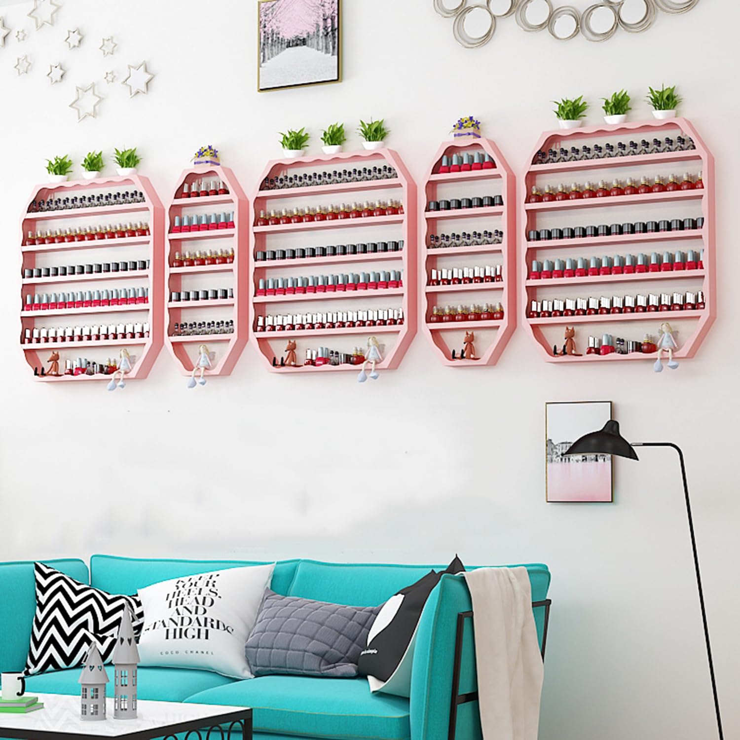 Bubinblau 5pcs Pink Nail Polish Display Rack 6 Tiers Makeup Organizer Metal Wall Nail Polish Bottles Storage Shelf