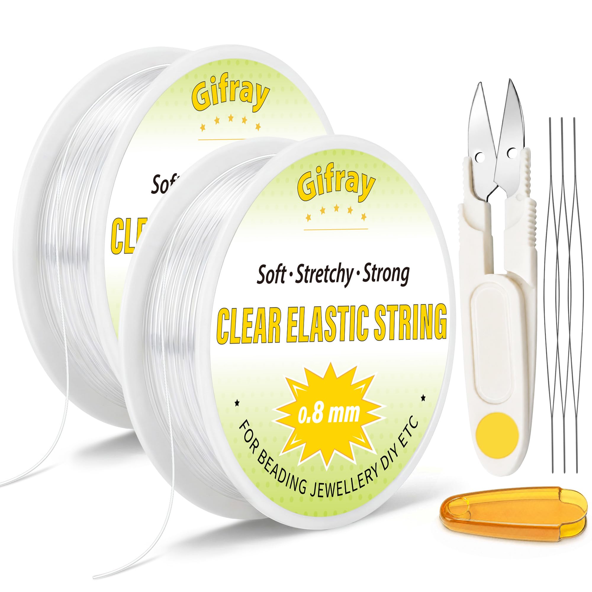 Gifray 2-Spools Clear Elastic String for Bracelet Making, 0.8mm Strong & Stretchy TPU Beading Cord, Easy to Knot, Invisible Thread for Jewellery, Necklaces, DIY Crafts, with Beading Needles & Scissors