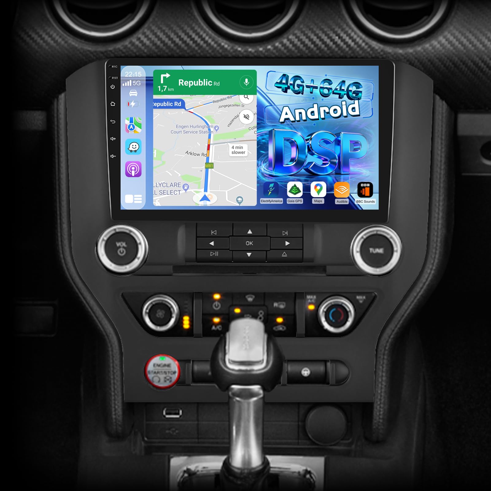 View 1 of [4+64GB] Android Radio for Ford Mustang 2015-2020: NHOPEEW 9 inch IPS Touchscreen Mustang Stereo - Wireless Carplay and Android Auto, Custom Homepage, DSP/EQ, 5G/WiFi, SWC + Rearview Camera + Canbus