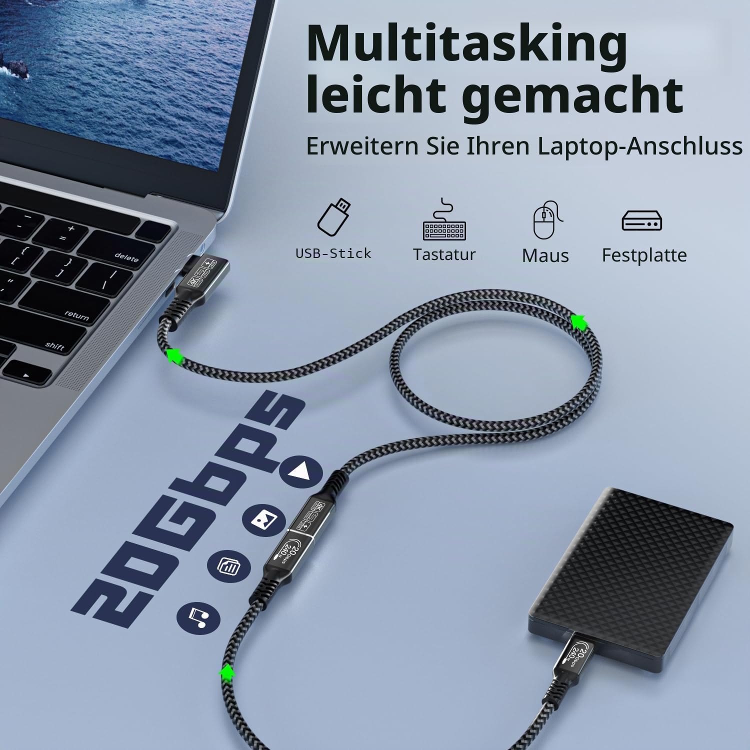 CAKOBLE usb c kabel 5m,[2 Stück 5m] usb 3.2 kabel,20 Gbps usb c datenkabel,PD 3.1 240W Schnellladekabel,4K@144Hz Video für Laptop,Monitor,Hub,Dock,M3,SSD,eGPU,Display,r ladekabel usb c 5m