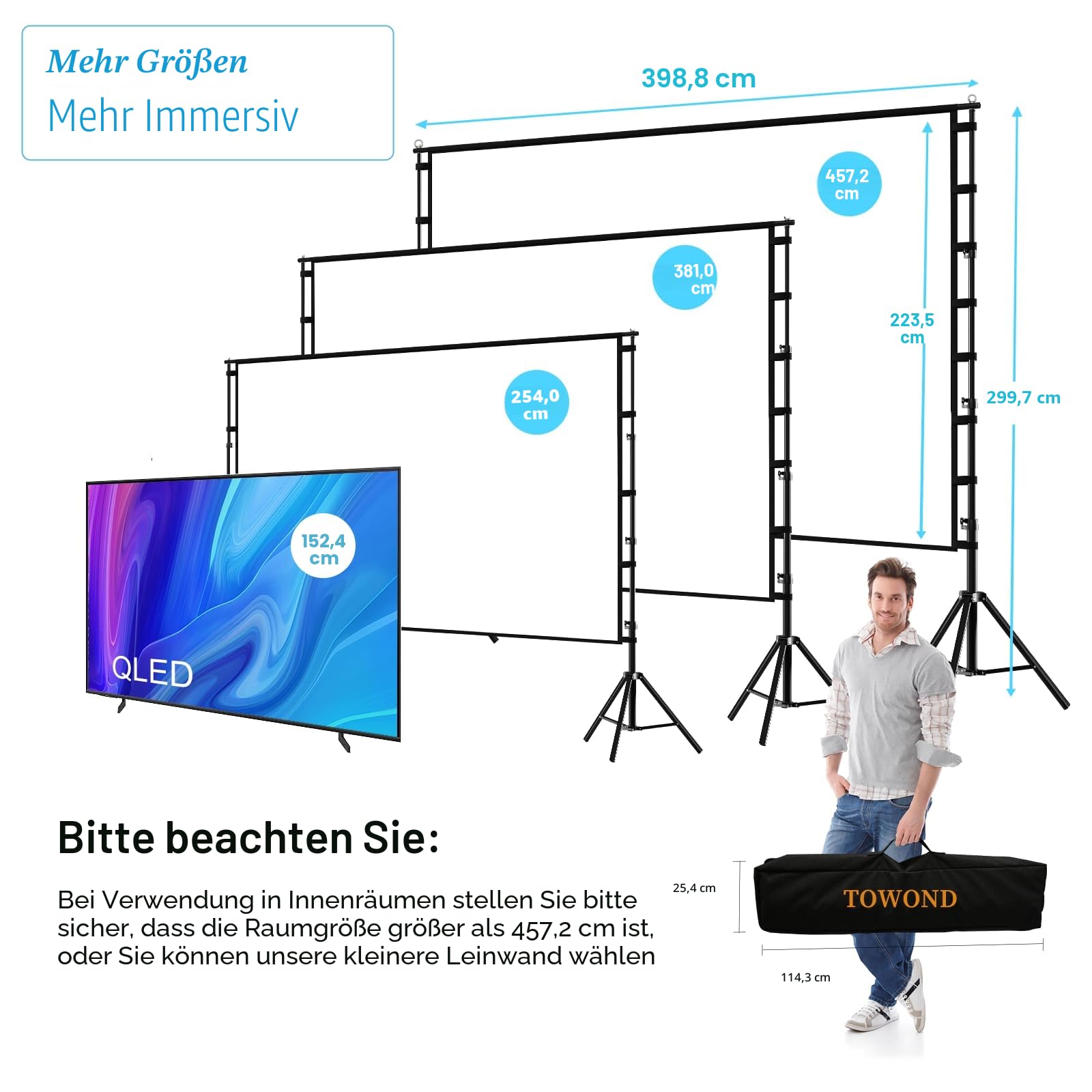 TOWOND 180 Zoll Beamer Leinwand mit Stativ, Leinwand für Beamer 160 Grad Betrachtungswinkel 16:9 HD Rear Front, Filmleinwand Outdoor und Tragetasche für Home Party Theater Nächte