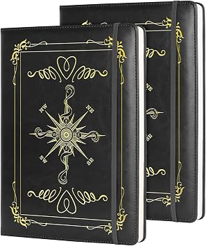 Compass Gift Compass 2pcs PU Leather Notebook Journal for Men A5 Travel Notebook Compass Lined Journals for Office Daily Writing 2pcs compass-black