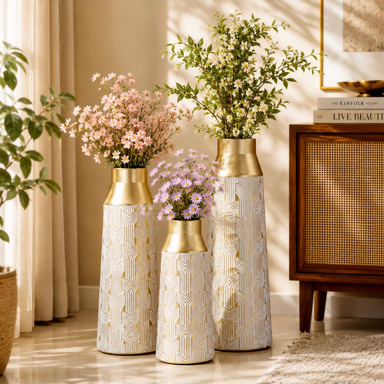 NFI essentials Metal Flower Vase Set of 3 for Living Room & Home Decor | Three Coordinated Sizes, Durable Metal Construction, Perfect Housewarming Gift, Modern Luxury Style, Elegant Gold Finish-image-6