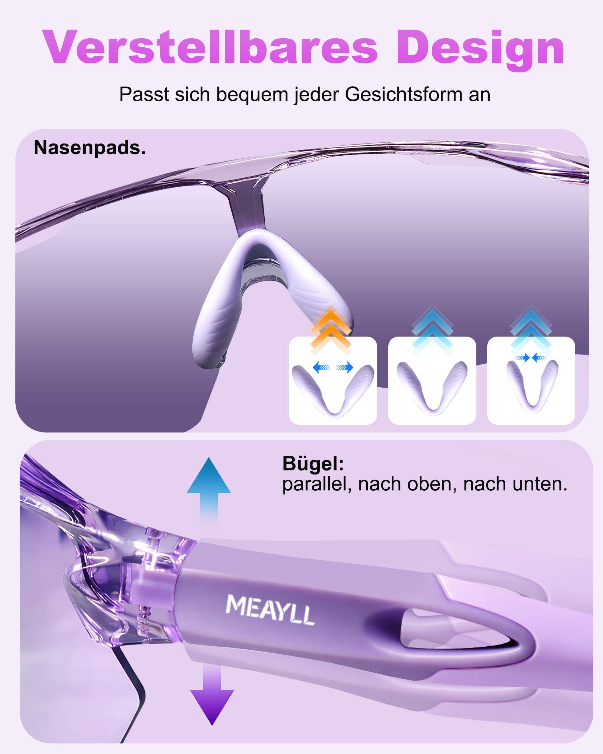 Fahrradbrille Herren Schnelle Brille Damen | UV400 Sonnenbrille Schutzbrille, TR90 Frame mit Verstellbaren Nasenflügel & Bügel MTB Sportbrille Laufbrille Sunglasses für Fahrrad Angeln Ebike Laufen - 4