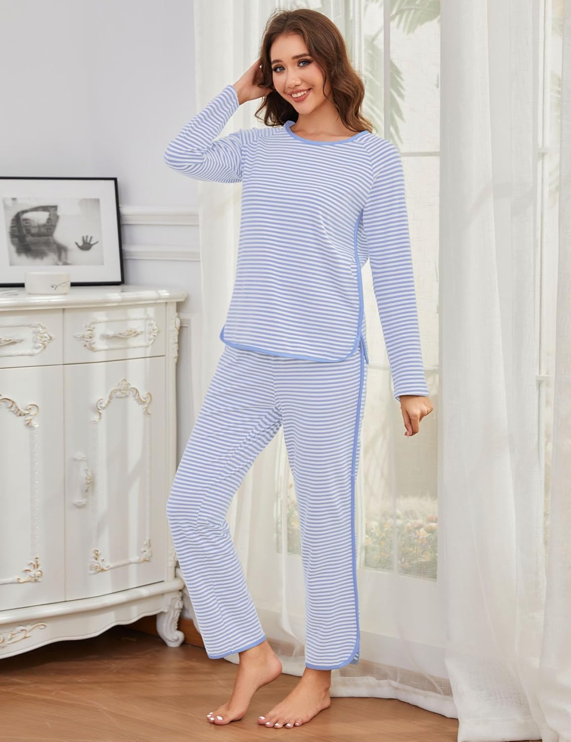 Womens Cotton Pajama Sets Stripe 2 Piece Lounge Set Long Sleeve Pj Set Comfy Loungewear Sleepwear with Pockets - Image 2