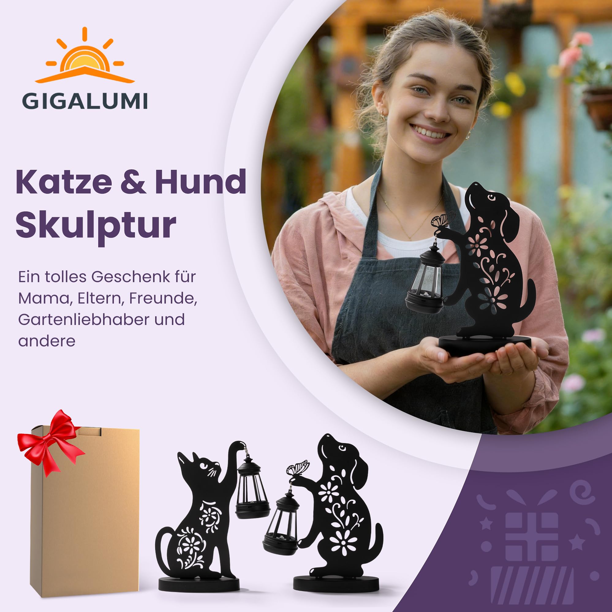 GIGALUMI Eiserne Katzen Hunde Statue Gartendeko, Geschenk für Mama, Geschenk für Frauen, Solar Katzen Hunde Gartendeko für Draußen Wetterfest, Outdoor Gartenstatuen Deko für Terrasse, Hof(2 Stück)