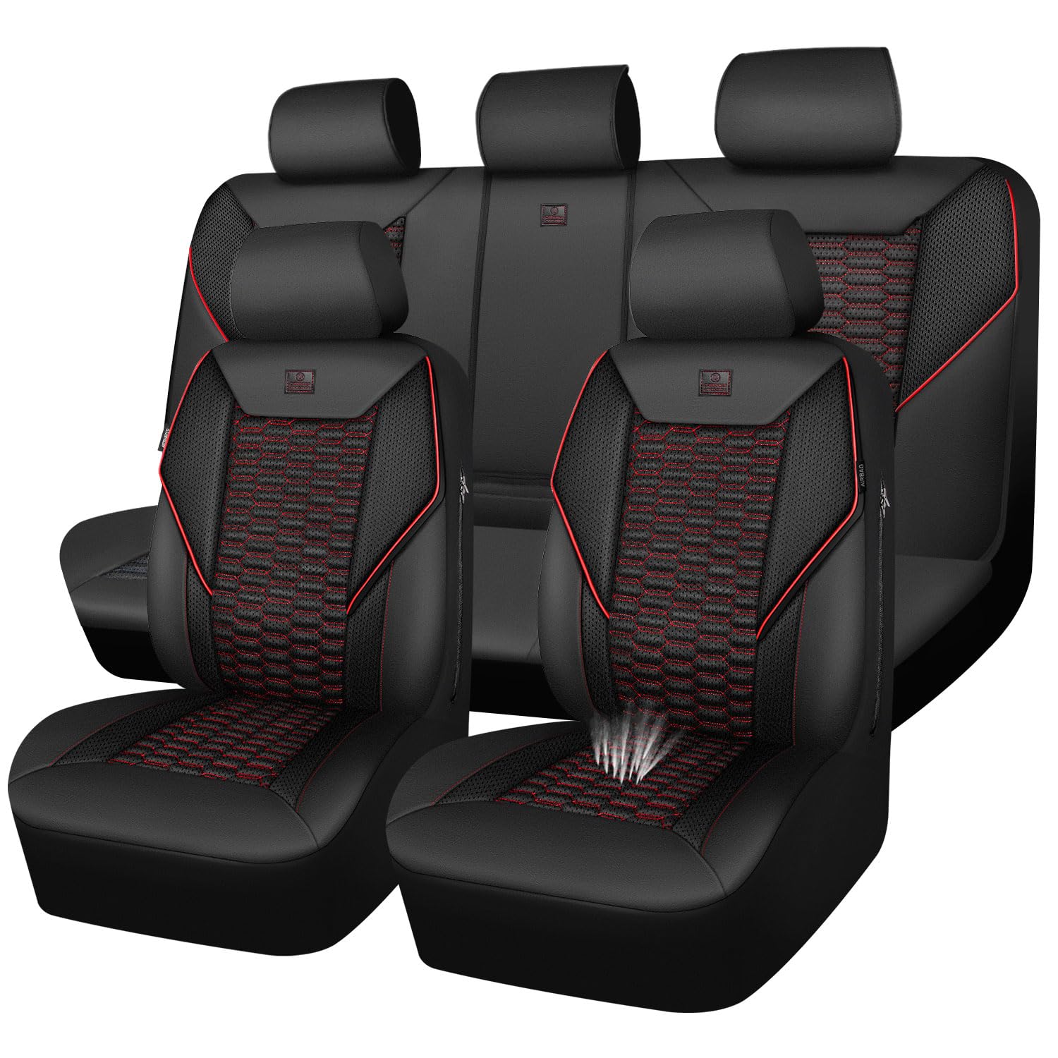 CAR PASS - Juego completo de fundas para asientos de coche de cuero sintético con malla de espuma 3D, transpirables y de malla, universales, compatibles con SUV, camiones y sedán, con reposabrazos y airbag, color negro y rojo