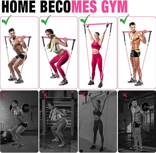 Miniatura 3 de Kit de barra de pilates Bbtops con bandas de resistencia, barra de pilates con bandas apilables, equipo de entrenamiento para piernas, cadera, Rosa