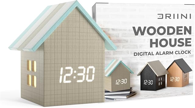 Driini Digital House Shaped Alarm Clock with Temperature Display Stripe Wood Modern Aesthetic - Cute Cube Frame and White LED Dimmer - Perfect Small Desk Clock for Bedside Table or Bedroom Mantle