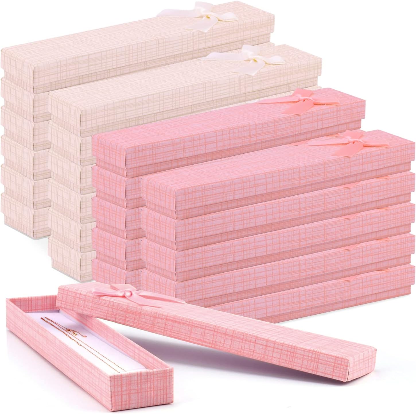 Lainrrew 24 Pcs Gift Box Set, Cardboard Jewelry Necklace Gift Boxes Cotton Filled Cardboard Paper Jewelry Box Gift Cases Bulk for Wedding, Engagement, Anniversaries (White & Pink)