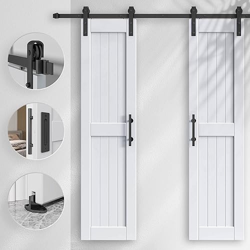 Miniatura 3 de Puerta de granero blanca EaseLife de 48 x 84 pulgadas (Doble puerta 24x84) con kit de herrajes deslizantes de 8 pies y manija incluida, madera