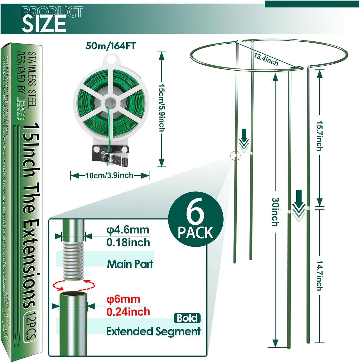 6 Pack 30 inch Plant Support Stakes, Heavy-Duty Half Round Peony Support, Garden Plant Stakes Cage for Outdoor Plants, Peony, Tomato, Hydrangea, (15In Support +15In Stainless Extension Tubes) - Image 2