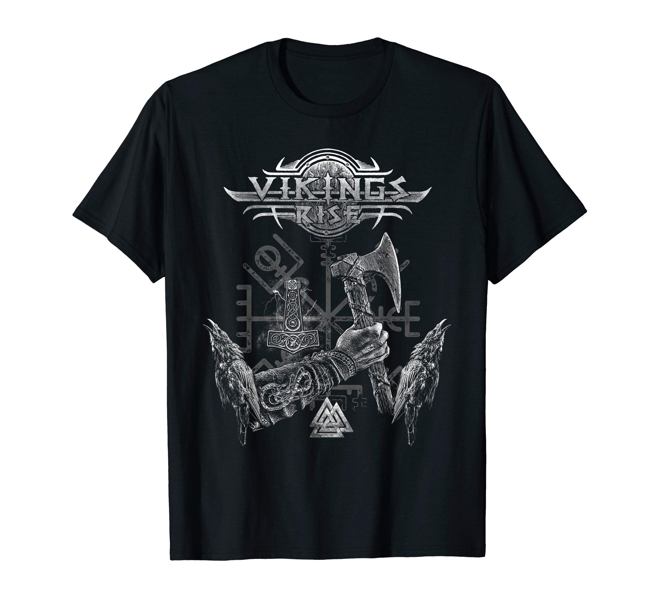 VIKINGS RISELogo Viking Axe Crows Valknut Thor Hammer Urnes T-Shirt