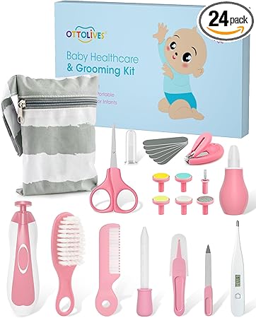 OTTOLIVES Baby Healthcare and Grooming Kit, 24 in 1 Baby Electric Nail Trimmer Set Newborn Nursery Health Care Set for Newborn Infant Toddlers Baby Boys Girls Kids Haircut Tools (0-3 Years+) (Pink)