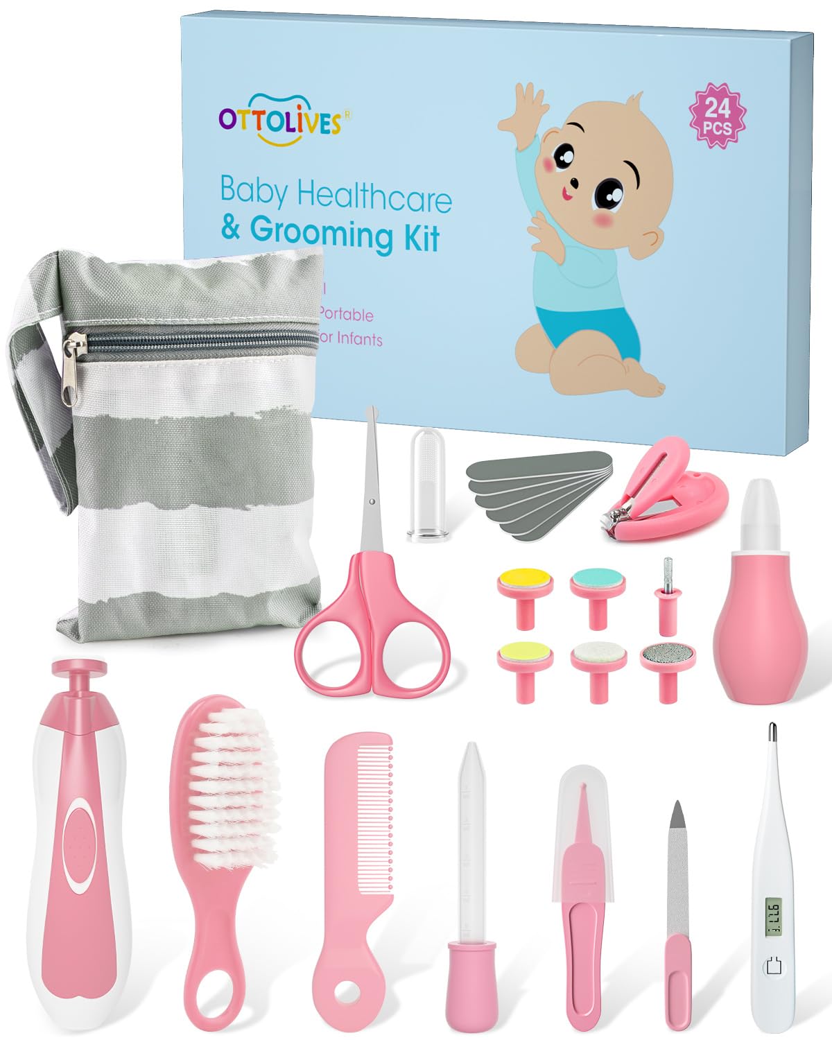 OTTOLIVES Kit de cuidado y aseo para bebés 24 en 1, cortauñas eléctrico para bebés, set de cuidado de la salud para recién nacidos, bebés, niños pequeños, niñas, niños, herramientas de corte de pelo de 0 a 3 años, rosa