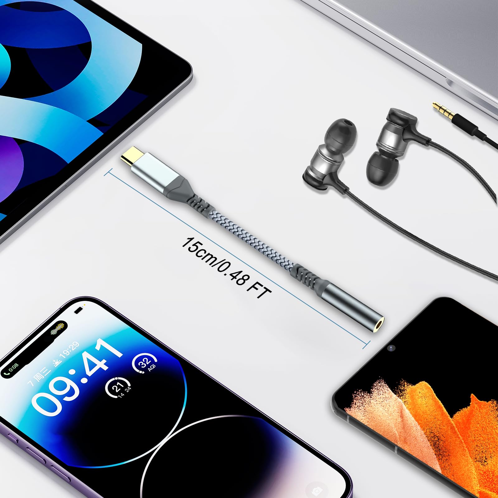 USB-C to 3.5mm headphone jack, Type-C to 3.5mm headphone AUX digital audio adapter, compatible with iPhone 16/15 Pro/Pro Max, Samsung Galaxy, iPad Pro, Xiaomi and other Type-C devices (2PCS) — view 3