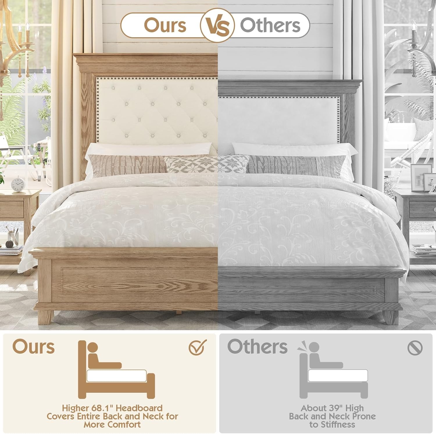 King Size Rustic Solid Wood Bed Frame with 68" Tall Headboard, Chenille Upholstered Farmhouse Panel Platform Bed Mattress Frame, Button Tufted/Antique Brass Nail Trim, Milk Ash