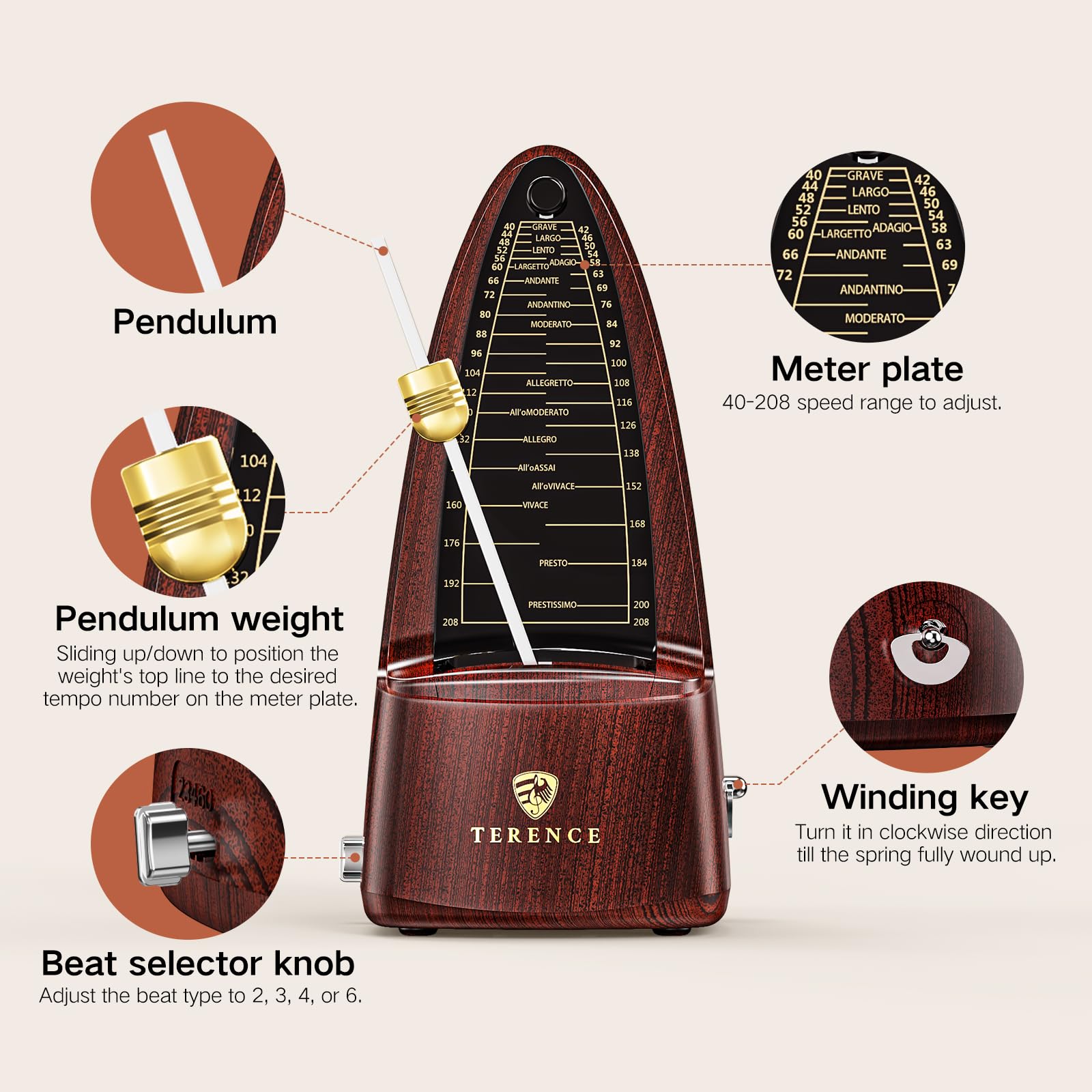 Metrónomo TERENCE Metrónomo mecánico de alta precisión con campana acentuada, tiempo preciso, duradero para piano, violín, batería, bajo, guitarra, adecuado como regalo color nuez