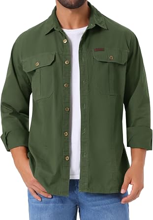 Mens Casual Workwear Long Sleeve Button Down Pockets Fishing Hiking Work Shirts