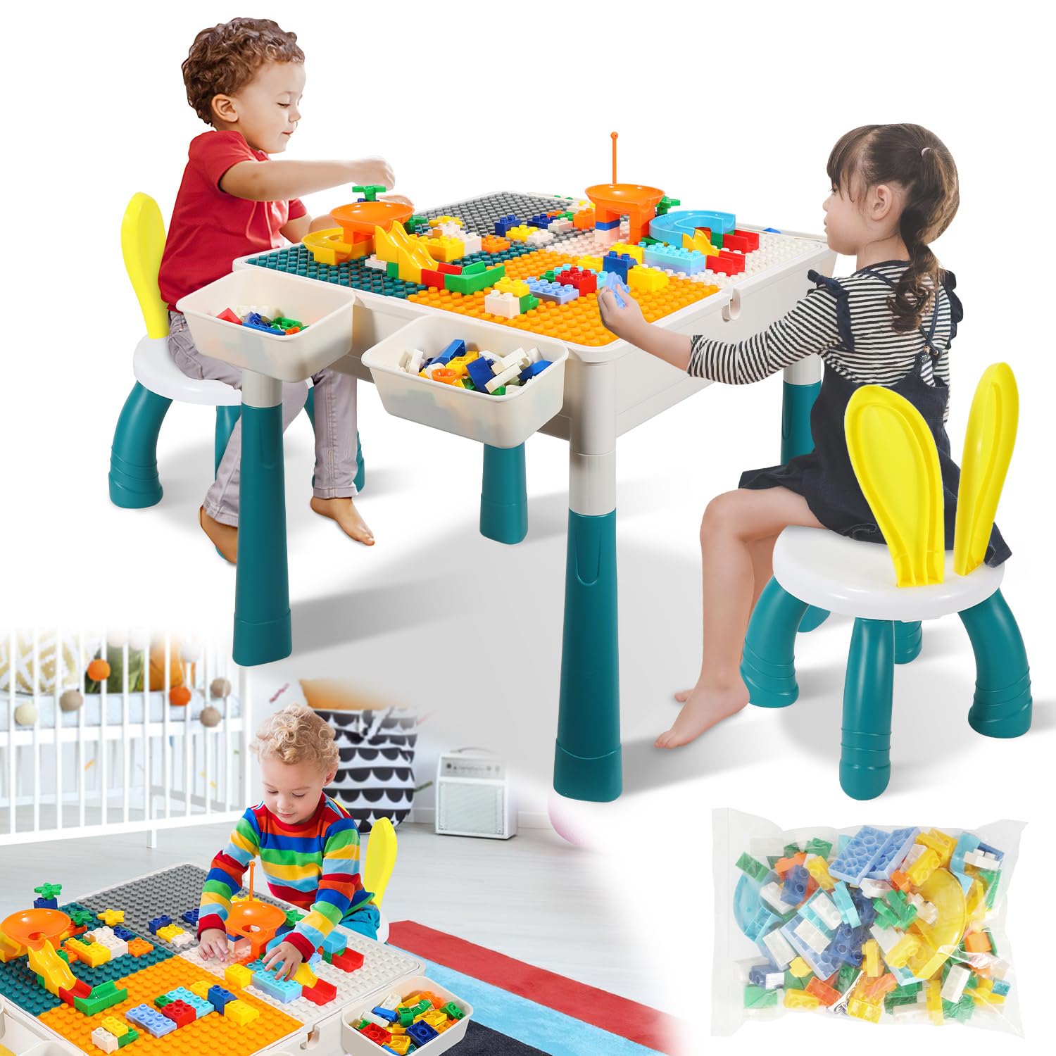 Kindertisch mit 2 Stühlen, Bausteintisch 2-in-1 mit Wendplatte, höhenverstellbar 44/51 cm, Spieltisch mit 4 Boxen und Innenfach, 251 Bausteine, Bastel- und Lerntisch, Weiß/Türkis